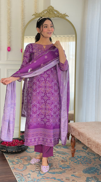 Purple Bandhani Print Mirror Work Dresses