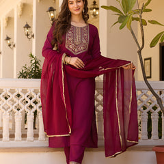 Embroidered Straight Ethnic Dresses With Sheer Dupatta