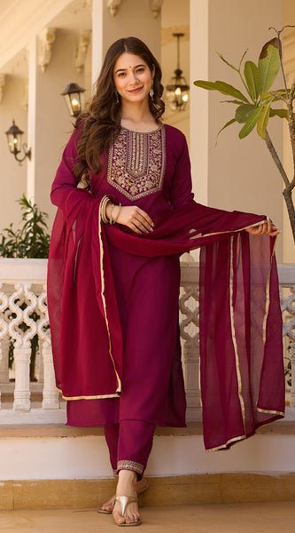 Embroidered Straight Ethnic Dresses With Sheer Dupatta