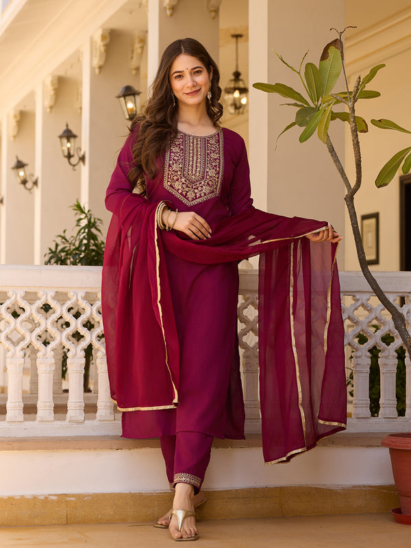 Embroidered Straight Ethnic Dresses With Sheer Dupatta