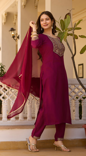 Embroidered Straight Ethnic Dresses With Sheer Dupatta
