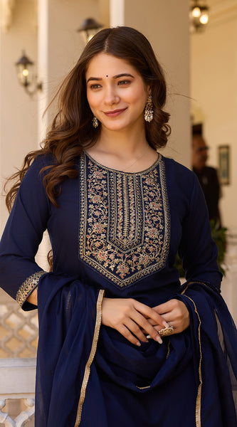 Embroidered Straight Ethnic Dresses With Sheer Dupatta