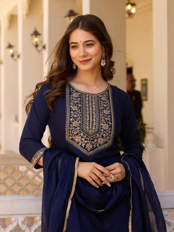 Embroidered Straight Ethnic Dresses With Sheer Dupatta