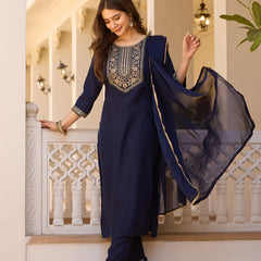 Embroidered Straight Ethnic Dresses With Sheer Dupatta