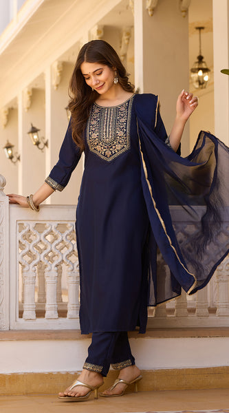 Embroidered Straight Ethnic Dresses With Sheer Dupatta
