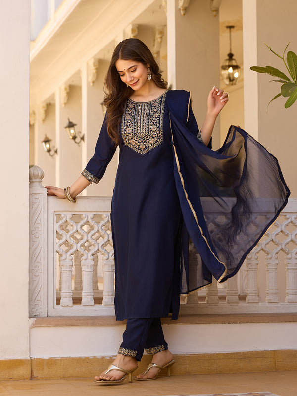 Embroidered Straight Ethnic Dresses With Sheer Dupatta
