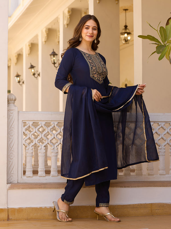 Embroidered Straight Ethnic Dresses With Sheer Dupatta