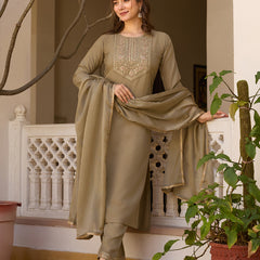 Embroidered Straight Ethnic Dresses With Sheer Dupatta