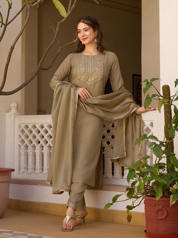 Embroidered Straight Ethnic Dresses With Sheer Dupatta