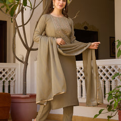Embroidered Straight Ethnic Dresses With Sheer Dupatta