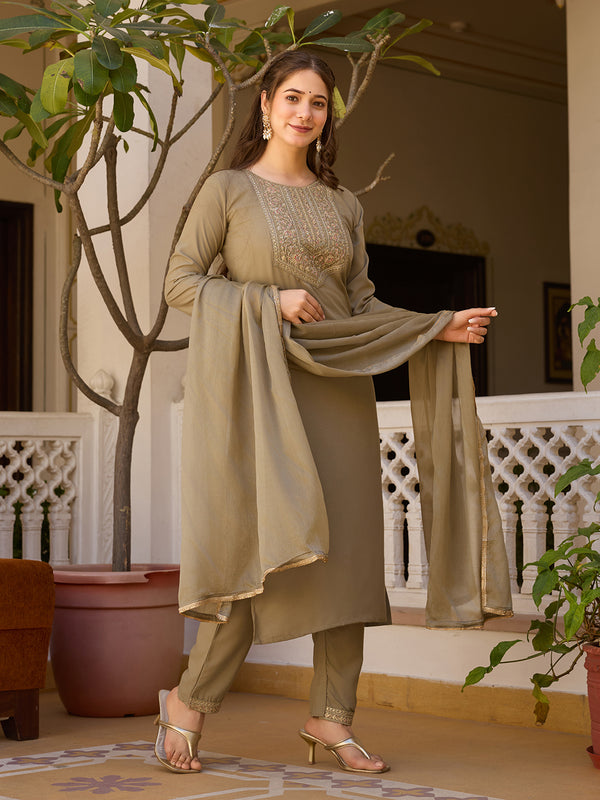 Embroidered Straight Ethnic Dresses With Sheer Dupatta