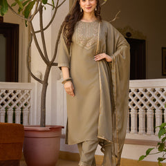 Embroidered Straight Ethnic Dresses With Sheer Dupatta