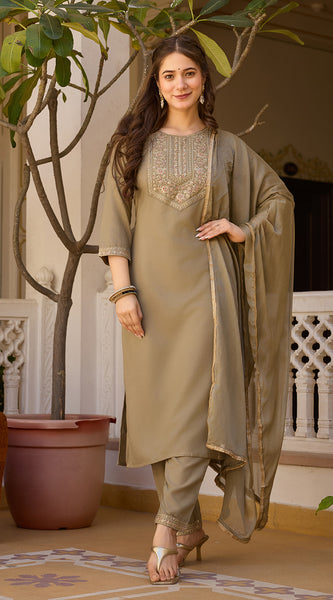 Embroidered Straight Ethnic Dresses With Sheer Dupatta