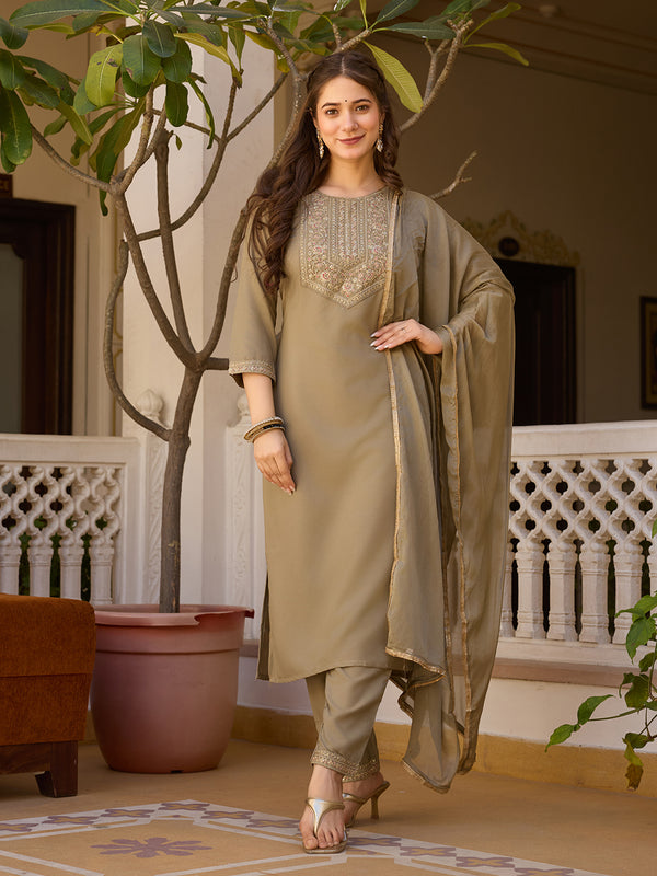Embroidered Straight Ethnic Dresses With Sheer Dupatta