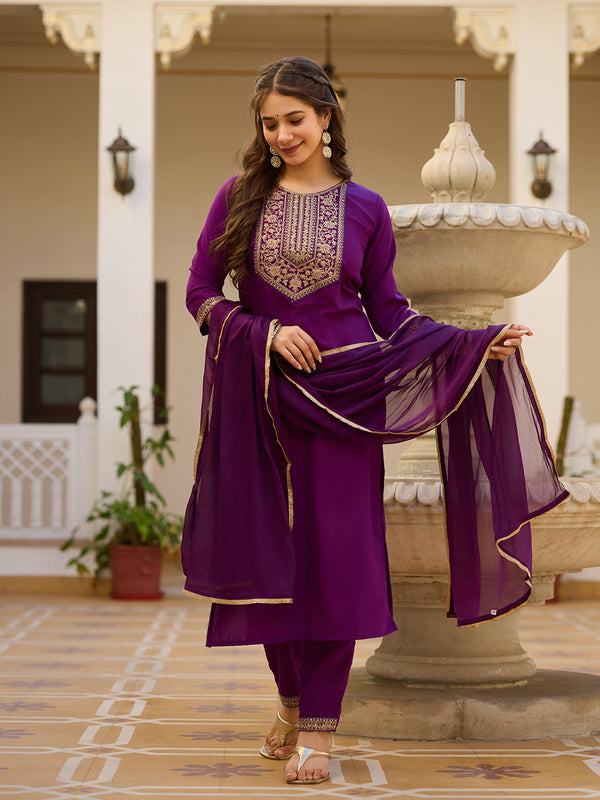 Embroidered Straight Ethnic Dresses With Sheer Dupatta