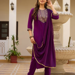 Embroidered Straight Ethnic Dresses With Sheer Dupatta