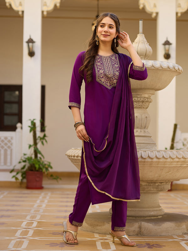 Embroidered Straight Ethnic Dresses With Sheer Dupatta