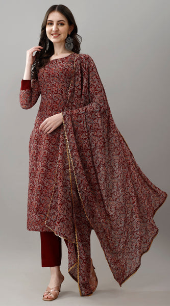 Maroon Paisley Print Ethnic Dresses