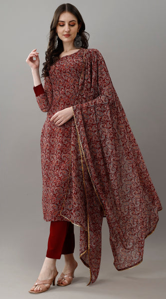 Maroon Paisley Print Ethnic Dresses