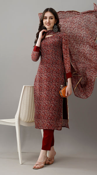 Maroon Paisley Print Ethnic Dresses