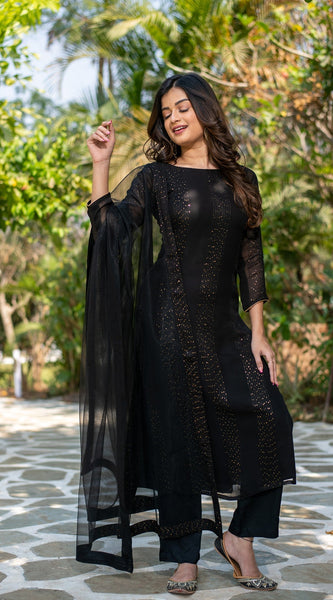 Black Sequin Embellished Ethnic Dresses