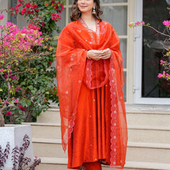 Orange Embroidered Ethnic Dresses