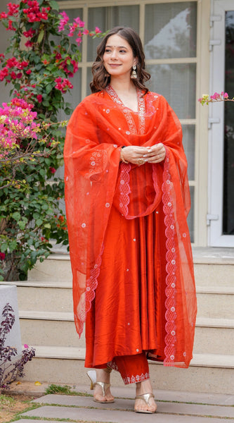Festive Orange Embroidered Ethnic Dress With Sheer Dupatta