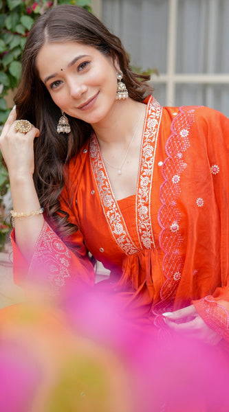 Orange Embroidered Ethnic Dresses