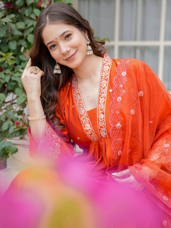 Orange Embroidered Ethnic Dresses
