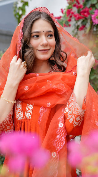 Orange Embroidered Ethnic Dresses