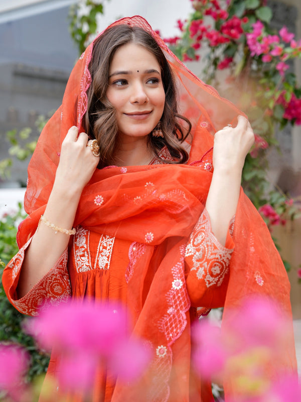 Orange Embroidered Ethnic Dresses