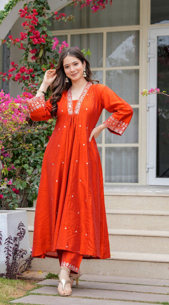 Orange Embroidered Ethnic Dresses