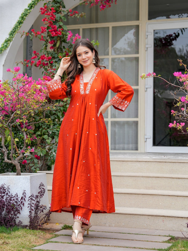 Orange Embroidered Ethnic Dresses