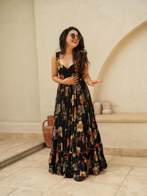 Women Floral Print Fit & Flare Gown