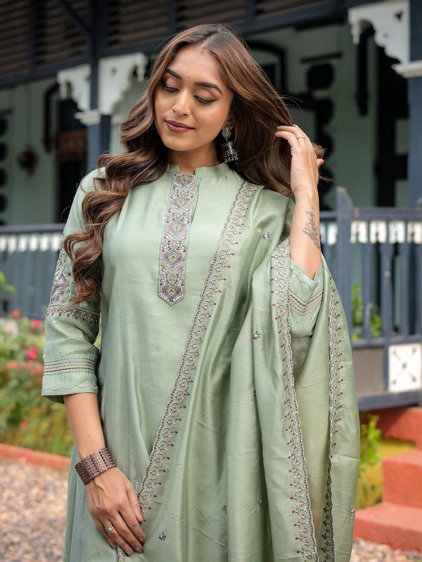 Festive Green Dresses With Sheer Dupatta