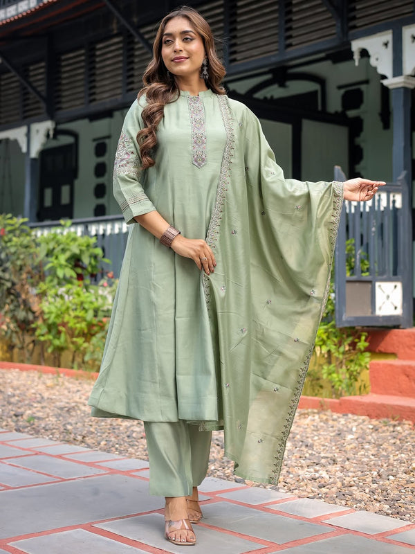 Festive Green Dresses With Sheer Dupatta