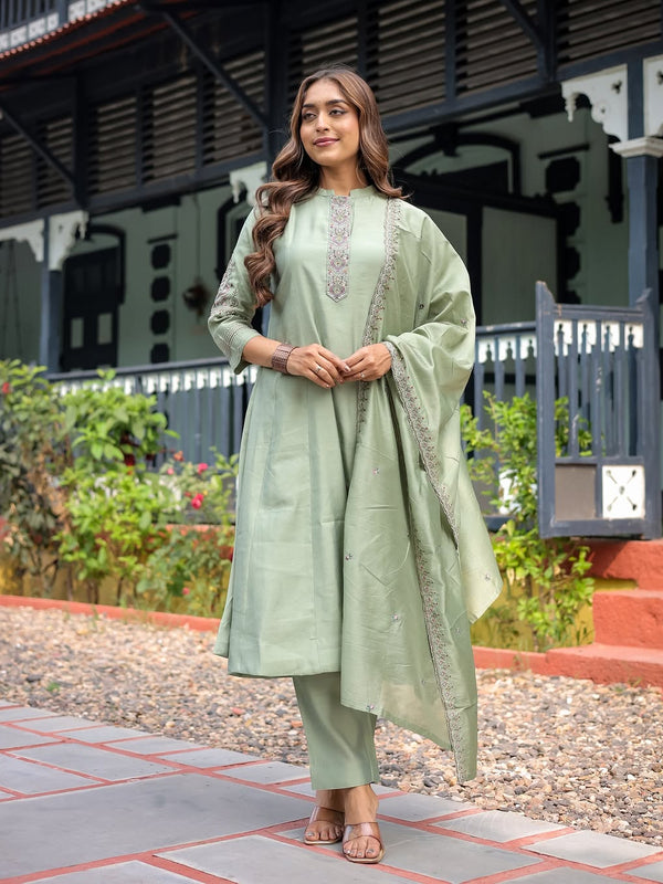 Festive Green Dresses With Sheer Dupatta