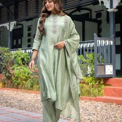 Festive Green Dresses With Sheer Dupatta