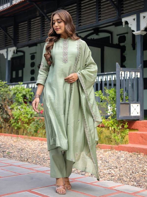 Festive Green Dresses With Sheer Dupatta