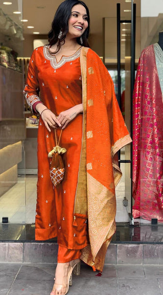 Orange Embroidered Festive Dresses