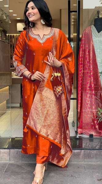 Orange Embroidered Festive Dresses