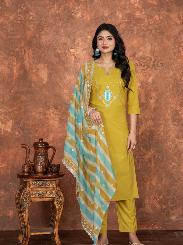 Mustard Embroidered Straight Dresses