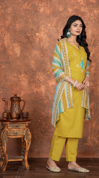 Mustard Embroidered Straight Dresses
