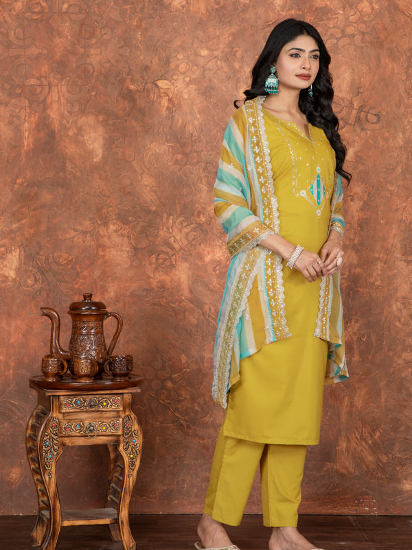 Mustard Embroidered Straight Dresses