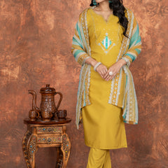 Mustard Embroidered Straight Dresses