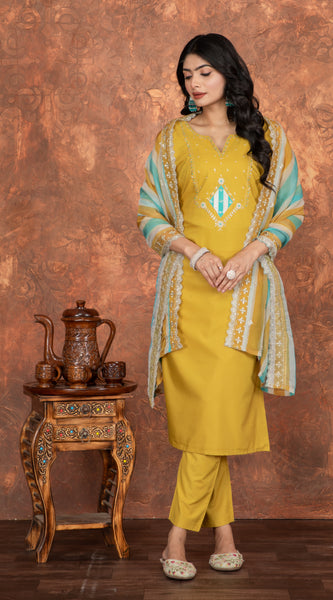 Mustard Embroidered Straight Dresses
