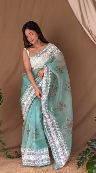 Floral Printed Embroidered Embellished Organza Saree