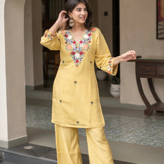 Yellow Embroidered Kurti Palazzo Co-Ord Sets