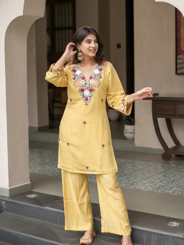 Yellow Embroidered Kurti Palazzo Co-Ord Sets