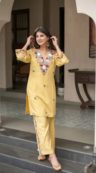 Yellow Embroidered Kurti Palazzo Co-Ord Sets